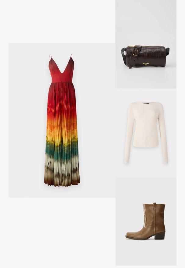 Maxi suknelė su giliu V formos iškirpimu, su klostėmis. Spalvų perėjimas nuo raudonos iki oranžinės, pereinantis į žalią ir rudą apačioje. Reguliuojamos petnešėlės.; Ilgesnių rankovių, šviesiai bežinis viršus su apvaliu iškirpimu. Pagamintas iš minkštos medžiagos, turi centrinę siūlę ir šiek tiek kreivą apatinių kraštų liniją. Matomų detalių nėra.; Rudų odinių batų iki kulkšnies su kvadratiniu pirštu, tekstūruotu paviršiumi ir žemu sluoksniuota pakulne. Yra užpakalinis kilpas ir subtilūs siuvinėjimo detalės.; Ruda krokodilo odspaudo odinė rankinė cilindro formos, su auksinėmis detalėmis ir nuimamu dirželiu, papuoštu studelėmis.
