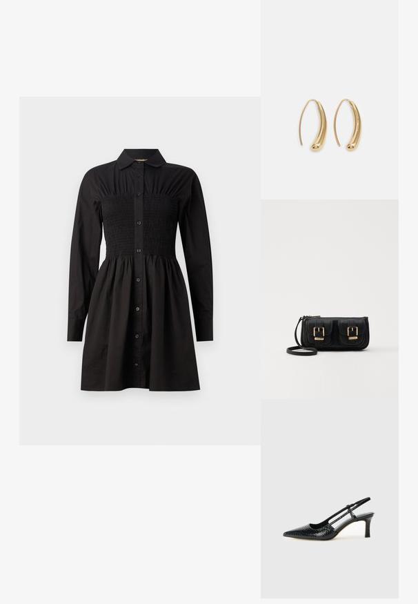 Zwart hemdjurk met lange mouwen, knopen aan de voorkant, smock-buste en uitlopende rok. Gemaakt van soepele stof met een gestructureerde silhouet.; Zwart patent slingback hak met een spitse neus, voorzien van een gestructureerde slangenprint, verstelbare band en een korte, gestructureerde blokhak.; Zwarte leren schoudertas met twee vo pockets, gouden gespen, ritsluiting en een smalle band. Tekstuur oppervlak en compacte rechthoekige vorm.; Gouden metalen oorbellen in de vorm van een gebogen, verlengde hoop. Kenmerkend zijn het gladde, glanzende oppervlak en de afgeronde punt voor extra detail.