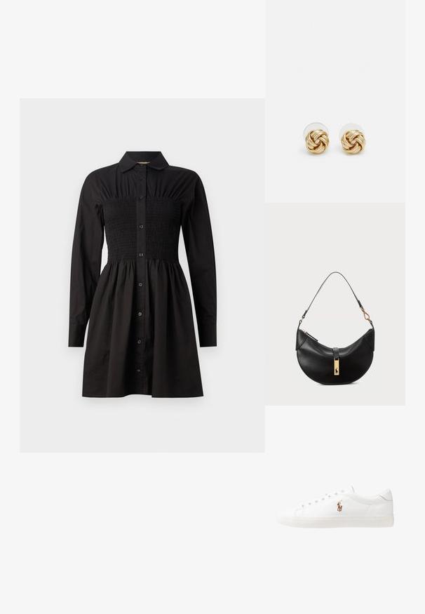 Czarna sukienka koszulowa z długimi rękawami, guziki z przodu, marszczona góra i rozkloszowany dół. Wykonana z gładkiego materiału o dobrze zarysowanej sylwetce.; Białe skórzane sneakersy, niskoprofilowy design, charakteryzujące się gładką fakturą, okrągłym noskiem, sznurowanym przodem i małym haftowanym logo z boku.; Czarna skórzana torebka w kształcie półksiężyca. Ma złote akcenty i wąski pasek. Gładka tekstura, zamek błyskawiczny na górze.; Złote kolczyki w kształcie węzła z twisted design. Każdy kolczyk posiada okrągłe, przezroczyste oparcie zapewniające pewność noszenia.