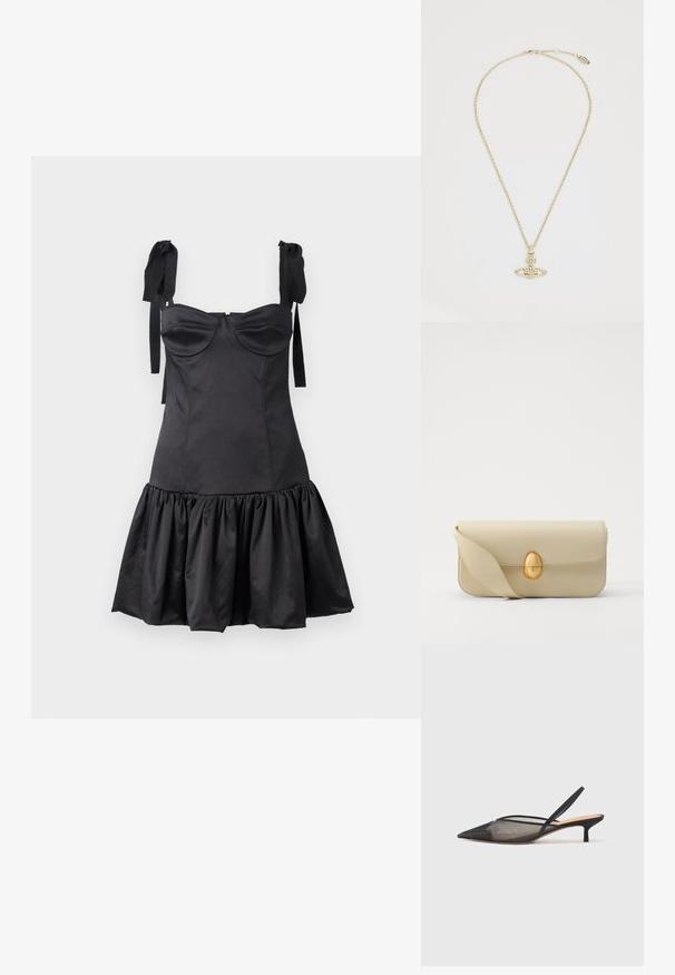 Juoda suknele su prigludusia korsetu, širdelės formos iškirpte, petnešomis ir platėjančiu volaniniu kraštu. Pagaminta iš lygaus audinio su matinio paviršiaus apdaila.; NEOUS IRENA - Klasikiniai aukštakulniai - black; Bežinė odinė rankinė su lygiu paviršiumi, stačiakampio formos ir auksiniu ovaliu užsegimu. Yra ilga, reguliuojama petneša.; Vivienne Westwood MAYFAIR BAS RELIEF PENDANT - Grandinėlė - gold-coloured