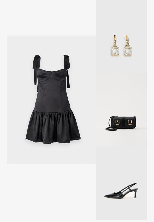 Sort kjole med tætsiddende bodice, hjerteformet halsudskæring, skulderremme og en udfoldet volangkant. Fremstillet af glat stof med en mat finish.; Sorte patent slingback hæl med spids tå, prydet med tekstureret slangeskindsmønster, justerbar rem og en kort, tekstureret blokhæl.; Sort læder crossbody taske med to frontlommer, guldspænder, lynlåslukning og en slank rem. Struktureret overflade og kompakt rektangulær form.; Guldtonede øreringe med et rektangulært, klart krystal, der hænger under en række af små, runde klare accenter. Elegant, moderne design.