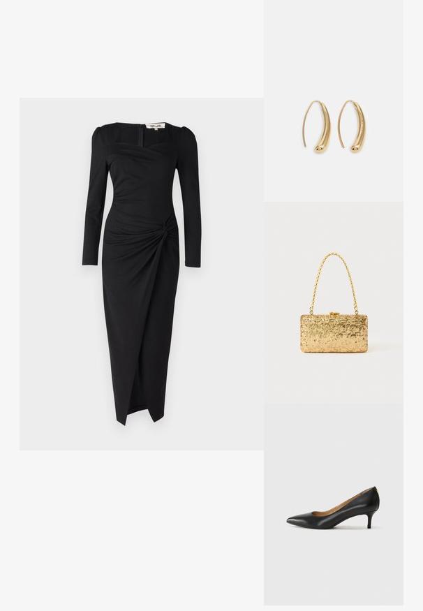 Black long-sleeve dress with a square neckline, twist detail at the waist, and a slightly flared hem. Made of smooth, stretchy fabric.; Black leather pump with a pointed toe, low heel, and a smooth texture. Features a slight opening at the front and minimal hardware at the back.; Gold sequin clutch with a rectangular shape, featuring a twisted chain handle and a metal clasp closure, reflecting light with a textured finish.; Gold-tone metal hoop earrings with a curved, elongated shape. Features a smooth, shiny surface and a rounded tip for added detail.