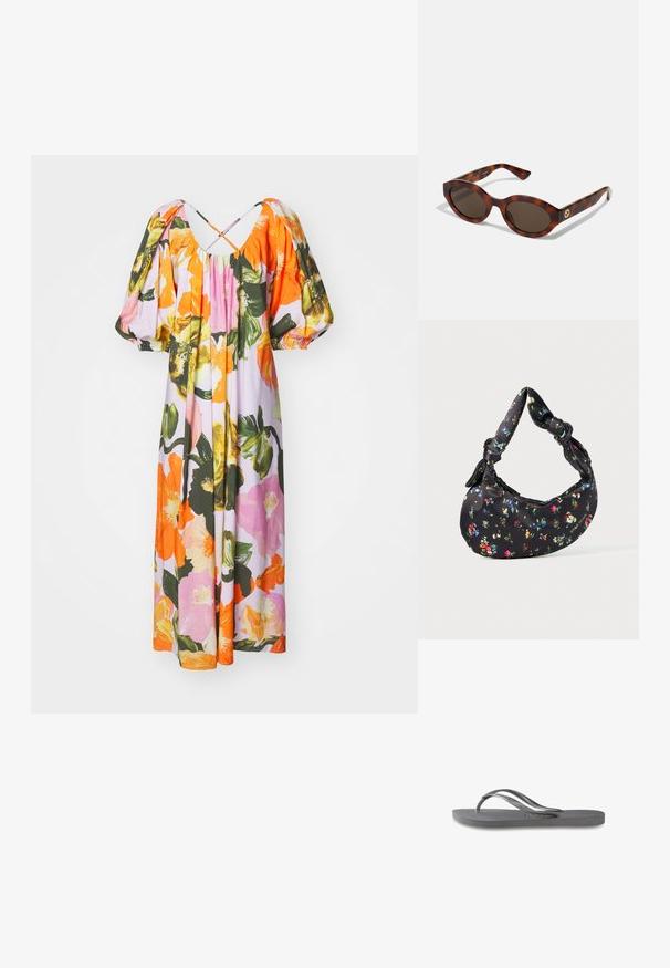 Stine Goya TERESA LIGHT FLUID - Day dress - summer day; Gray flip-flop with textured sole, thin straps, and minimal design. The straps feature a slight sheen and subtle detailing.; Tortoiseshell sunglasses with rounded frames, dark lenses, and gold logo detailing on the temples. Smooth plastic material, no visible patterns.; Black crescent-shaped handbag with colorful floral print and knotted handles, featuring a small metallic logo on the bottom right side.