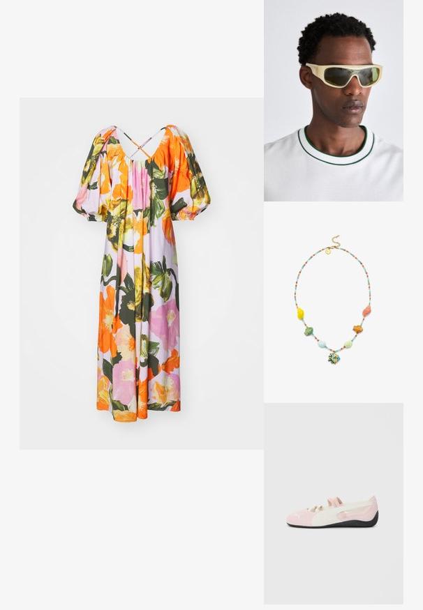 Stine Goya TERESA LIGHT FLUID - Robe de jour - summer day; Chaussure slip-on rose en suede avec des accents blancs, semelle en caoutchouc et sangles élastiques. Présente un design texturé et un petit logo sur le devant.; Lunettes de soleil avec une monture jaune translucide et des verres teintés en vert. Design angulaire avec des branches larges, portées avec une chemise blanche à accents verts.; Collier à perles colorées avec des charm's marins en jaune, orange, rose et vert, comprenant des poissons et des coquillages, sur une chaîne en métal doré.