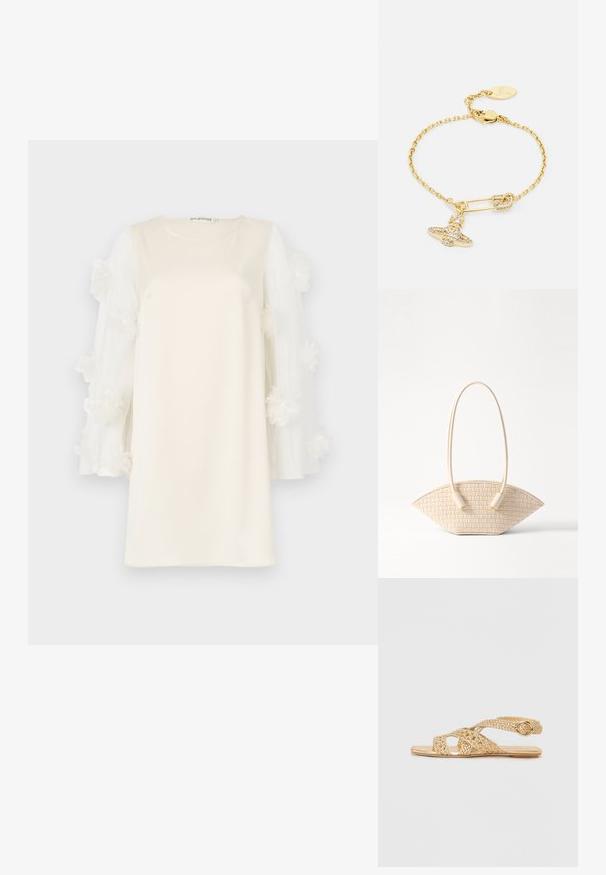 Balta kleita ar gludu audumu, puskcaurspīdīgām piedurknēm, kas izrotātas ar kārtām ziedu aplikācijām. Apaļa izgriezuma, virs ceļgaliem.; Stuart Weitzman THEA - Sandales - golden; Austaizēta bežīga rokassoma ar unikālu izliektu formu, kurai ir divi teksturēti rokturi un cilindriskas metāla detaļas.; Zelta tonis apro, kas izgatavota ar ķēdes dizainu, rotāta ar drošības adatu piekariņu un spīdošu lentes detaļu. Iekļauts aizdare un logotipa tags.