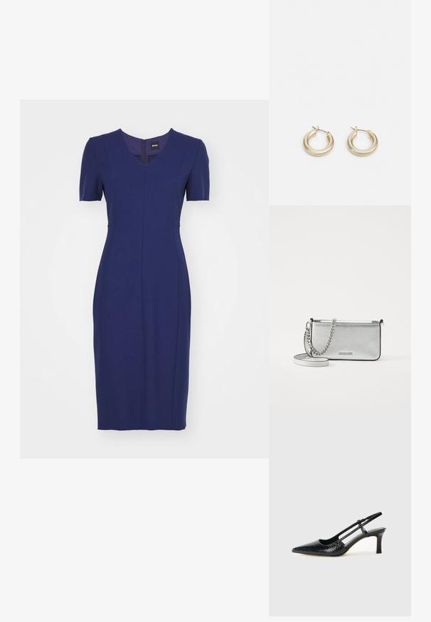 BOSS DAMAISA - Vestido direito - open blue; Salto slingback em patente preta com bico apontado, apresentando um padrão de pele de cobra texturizado, tira ajustável e um salto bloco curto e texturizado.; Bolsa crossbody de couro prateada com um acabamento texturizado, detalhes em corrente e alça, e fecho de zíper. Apresenta um logotipo na parte da frente.; Lauren Ralph Lauren BASIC SMALL HOOP - Brincos - gold-coloured