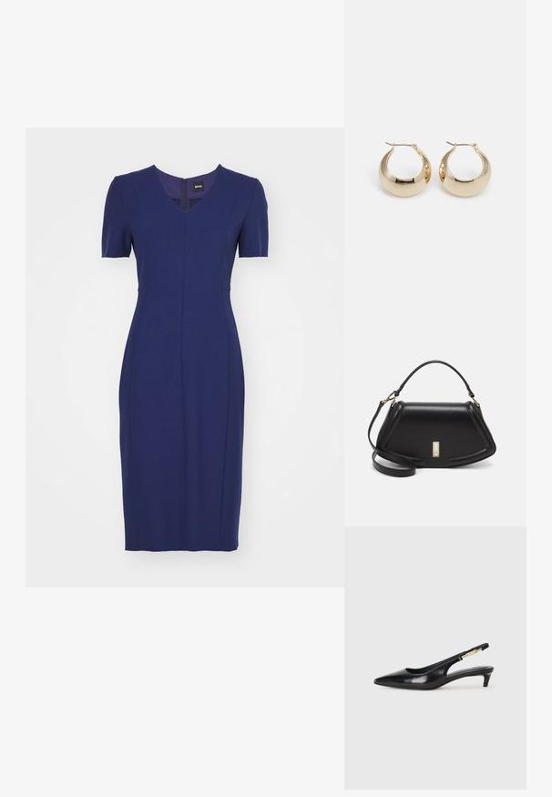BOSS DAMAISA - Vabalt langev kleit - open blue; Mustad nahast slingback kontsad terava ninaga, millel on õhuke konts ja kuldse tooni aktsent reguleeritaval rihmal. Sile tekstuur.; Must mustrist käekott, millel on struktureeritud disain, lühendatud kuju, ülemine käepide ja kuldne metallist detail. Reguleeritav õlalihm on kaasas.; Kuldse kõrvarõngad, mis on iseloomulikud sujuva, ümmarguse disaini ja läikiva viimistlusega. Neil on õhuke metallist post, mis tagab kindla kinnituse.