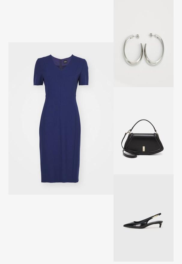 BOSS DAMAISA - Shift-haljina - open blue; Crne kožne sandale s petom, s izduženim vrhom, imaju usku petu i zlatni akcent na podesivoj traci. Glatka tekstura.; Crna kožna torba s strukturiranim dizajnom, s krojenim oblikom, gornjom drškom i zlatnim detaljima. Uključena je podesiva ramena traka.; Srebrne kružne naušnice s glatkim, zakrivljenim dizajnom. Imaju sjajnu metalnu završnu obradu i kopču na tipku. Nema vidljivih uzoraka ili ukrasa.
