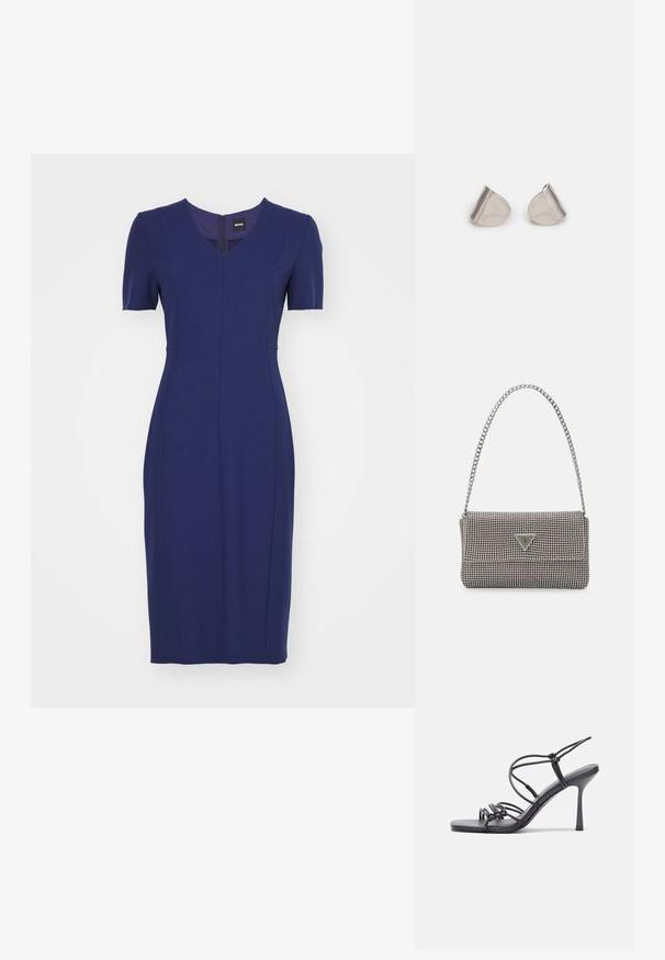 BOSS DAMAISA - Šaty do práce - open blue; Čierne sandále na vysokom podpätku majú tenké remienky s uzlovým dizajnom, hladký štvorcový špičku a elegantný stiletto podpätok.; Svetlošedá metalická kabelka s reťazovým popruhom, ozdobená malými kruhovými kovovými štítkami a trojuholníkovým logom značky.; Strieborné kovové náušnice s hladkým tvarom kvapky a lesklým povrchom. Jemné rytiny pridávajú detail. Minimalistický dizajn.