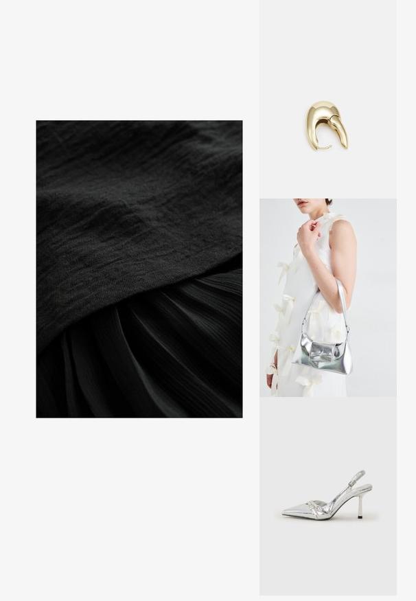 Crni materijal s teksturiranom površinom, koji se sastoji od glatkog gornjeg sloja i nabranog donjeg dijela, oboje u dubokoj, ujednačenoj nijansi crne.; Srebrna slingback salonska cipela s oštrim prstom, metalik završnom obradom, dva dekorativna remena i vitkim potplatom s crnim vrhom.; Srebrna metalik torbica sa strukturiranim oblikom, s gornjom drškom i detaljem mašne sprijeda. Glatka tekstura, reflektirajući finiš.; Zlatne metalne naušnice s elegantnim, zakrivljenim dizajnom. Imaju karakterističan šiljast oblik, poliranu površinu i zatvaranje na šarku.
