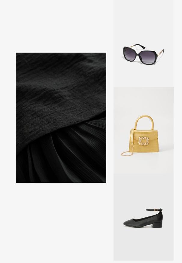 Tissu noir avec une surface texturée, comprenant une couche supérieure lisse et une section inférieure plissée, toutes deux dans une teinte noire profonde et uniforme.; Escarpin en cuir noir avec un bout pointu et un petit talon bloc. Doté d'une bride de cheville avec une boucle dorée. Texture lisse.; Lunettes de soleil noires surdimensionnées avec des verres dégradés, monture épaisse et détails en chaîne dorée sur les branches.; Sac à main en faux crocodile jaune avec un design structuré, une poignée supérieure, une bandoulière en chaîne amovible, et un ornement cristallin décoratif sur le fermoir.