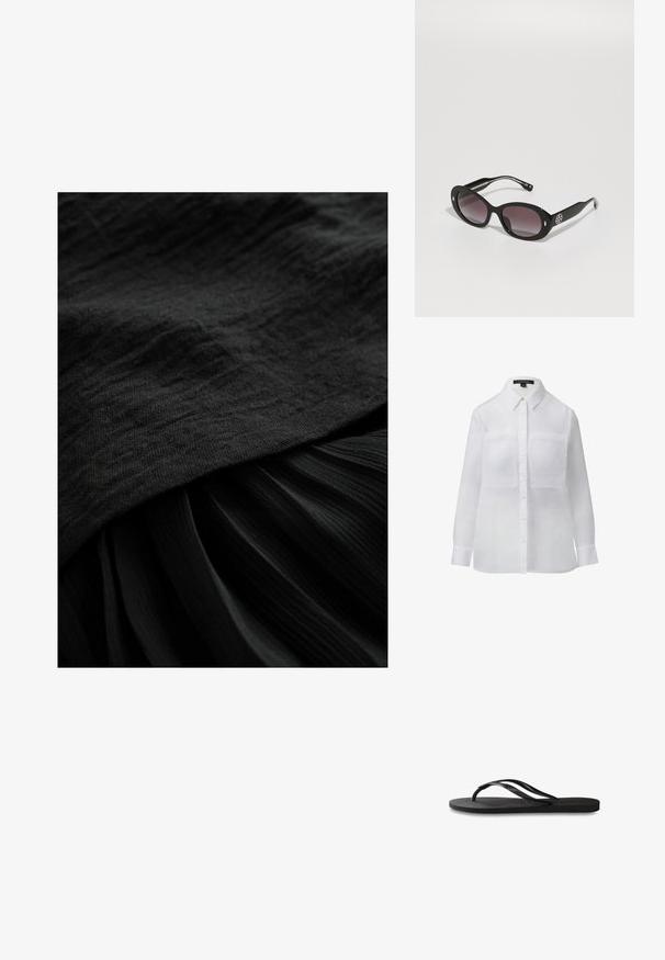 Czarna tkanina o teksturowanej powierzchni, z gładką warstwą górną i plisowanym dolnym sekcją, obie w głębokim, jednolitym odcieniu czerni.; Biała koszula z długim rękawem i kołnierzykiem, z dwoma kieszeniami na piersiach, z przodem zapinanym na guziki oraz gładką, przezroczystą teksturą.; Czarne klapki z teksturowaną gumową podeszwą, dwiema smukłymi paskami oraz subtelnym, wytłoczonym logo na pasku.; Czarne okulary przeciwsłoneczne z gradientowymi ciemnymi soczewkami, owalny kształt, błyszczące wykończenie, z wyraźnym logo z boku i srebrnymi akcentami.; Ciemnobrązowa skórzana torebka z dwoma górnymi uchwytami, złotymi akcentami metalowymi, detalem z zatrzaskiem z przodu oraz wyszywanymi teksturami po bokach.