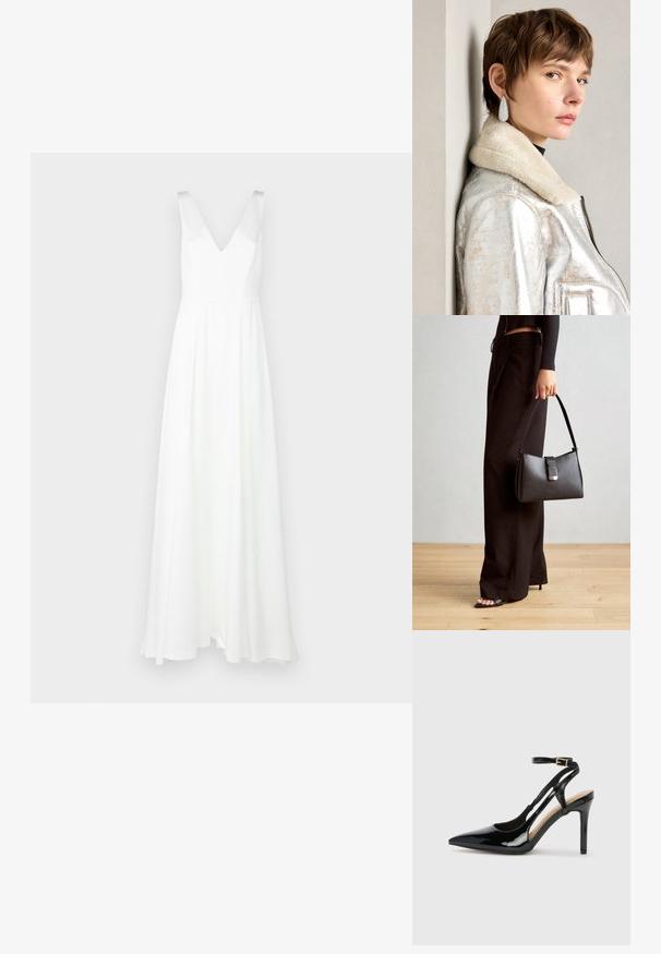 Biała, długa sukienka sięgająca do podłogi z dekoltem w kształcie litery V i szerokimi ramiączkami. Wykonana z lekkiego materiału, z luźną spódnicą i minimalistycznym wzorem.; Czarne lakierowane buty na wysokim obcasie typu slingback z wysmuklonym noskiem, regulowanym paskiem na kostce i otwartymi bokami. Gładka faktura.; Czarna torebka o usztywnionym kształcie, gładkiej fakturze i metalowym zapięciem. Połączona z szerokimi czarnymi spodniami i sandałami na otwartym palcu na drewnianej podłodze.; Srebrna metaliczna skórzana kurtka z kołnierzem z owczej wełny, z zamkiem błyskawicznym i teksturowaną powierzchnią. Duże kolczyki w kształcie łzy z przezroczystymi kamieniami szlachetnymi.