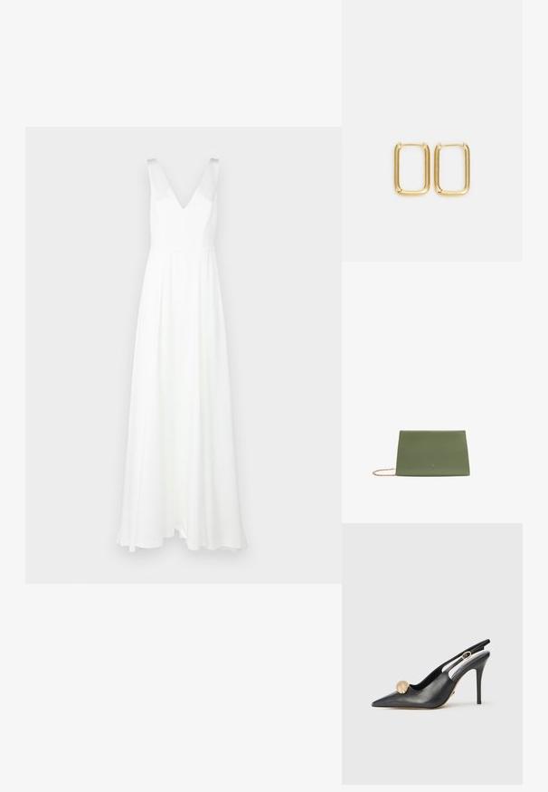 Robe blanche longue avec un décolleté en V et des bretelles larges. Fabriquée en tissu léger, elle présente une jupe fluide et un design minimaliste.; Escarpin à talon slingback en cuir noir avec un bout pointu, un accent en boule dorée et un talon fin. Présente un design découpé autour de la cheville.; Porte-monnaie en cuir texturé vert avec un design plat, comportant une chaîne à maillons en or rose et un logo imprimé sur le devant.; Boucles d'oreilles en métal doré présentant une forme carrée avec des bords lisses et une finition polie, réfléchissant la lumière avec une surface brillante.