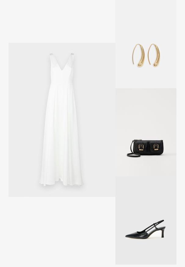 Abito bianco lungo fino ai piedi con scollatura a V e spalline larghe. Realizzato in tessuto leggero, presenta una gonna fluida e un design minimalista.; Slingback con tacco in vernice nera con punta affusolata, caratterizzato da una stampa a serpente testurizzata, cinturino regolabile e un tacco corto e testurizzato.; Borsa a tracolla nera in pelle con due tasche frontali, fibbie dorate, chiusura con zip e una tracolla sottile. Superficie texturizzata e forma rettangolare compatta.; Orecchini a cerchio in metallo color oro con forma curva ed allungata. Presentano una superficie liscia e lucida e una punta arrotondata per un tocco di dettaglio in più.