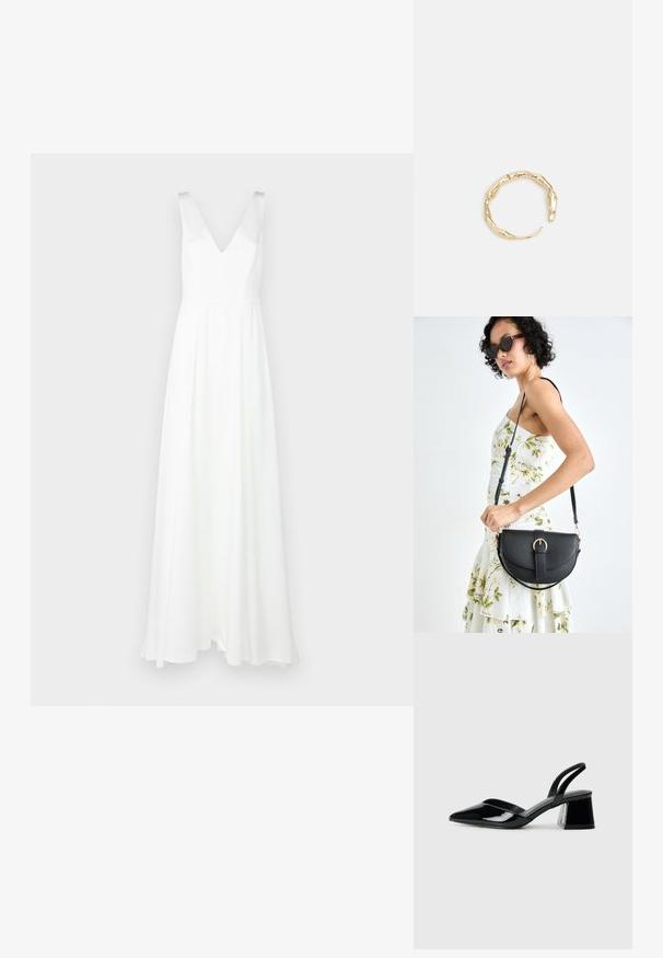 Weißes, bodenlanges Kleid mit V-Ausschnitt und breiten Trägern. Hergestellt aus leichtem Stoff, mit einem fließenden Rock und minimalistischen Design.; Schwarze Lackleder-Slingback-High Heels mit spitzem Schuh und einem geometrischen Blockabsatz. Verfügt über ein schlankes, minimalistisches Design und eine glatte Textur.; Schwarze Lederhandtasche mit geschwungener Form, abnehmbarem Tragegurt und goldenen Beschlägen. Die Tasche verfügt über einen Deckel mit einer Schnallen-Details.; Goldfarbener Ring mit einem organischen, gedrehten Design, glatter Oberfläche und sich verjüngenden Enden, was ein modernes, skulpturales Erscheinungsbild erzeugt.