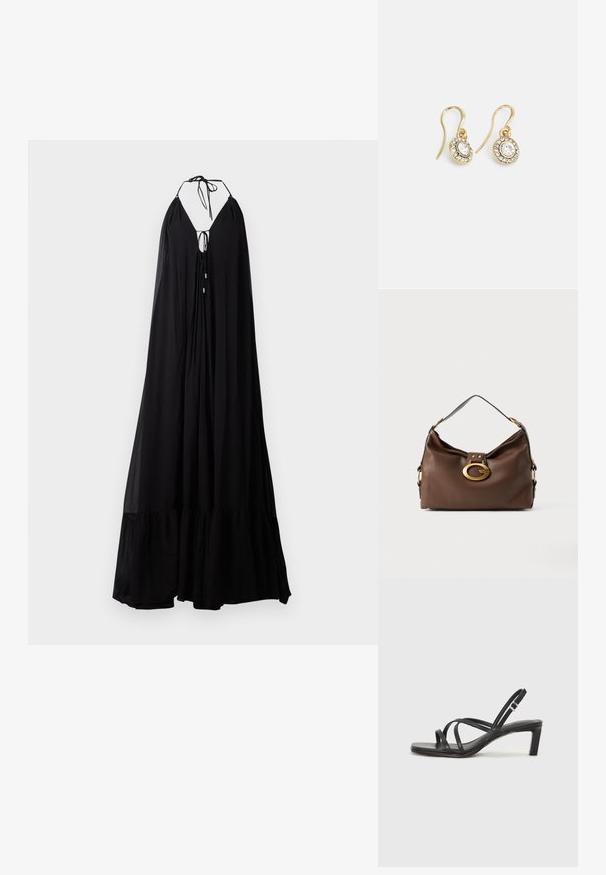 Crna maxi haljina s halter vratom, dubokim V-izrezom sprijeda i vezanjem. Ima lepršav siluetu i volanasti rub. Lagana tkanina.; Crne sandale s trakama, kvadratnim prstom i niskom blok petom. Ima više tankih trakica i podesivu trakicu oko gležnja. Izrađene su od glatke kože.; Smeđa kožna torba s teksturiranom površinom, koja ima zlatni kopču i jedan zakrivljeni remen za rame.; Zlatne naušnice s ovalnim prozirnim kristalima okruženim manjim prozirnim kamenčićima, s dizajnom na kuku za sigurno nošenje.