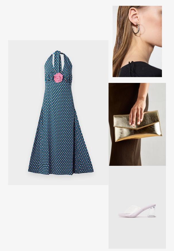 Vestido com alças halter, apresentando um padrão de diamantes em verde-água, rosa e preto. Detalhe notável de uma flor de tecido rosa na parte do busto. Silhueta em A com saia evasê.; Mules lilás de salto com uma parte superior de plástico transparente e um salto bloco transparente. Textura suave, design de bico aberto, forma minimalista.; Bolsa de mão metálica dourada com uma textura suave, apresentando um fecho em aba triangular. A mão que a segura tem unhas bem cuidadas.; Brinco de argola prateada com acabamento polido, apresentando pequenos detalhes em dourado e uma forma redonda, usado na orelha.