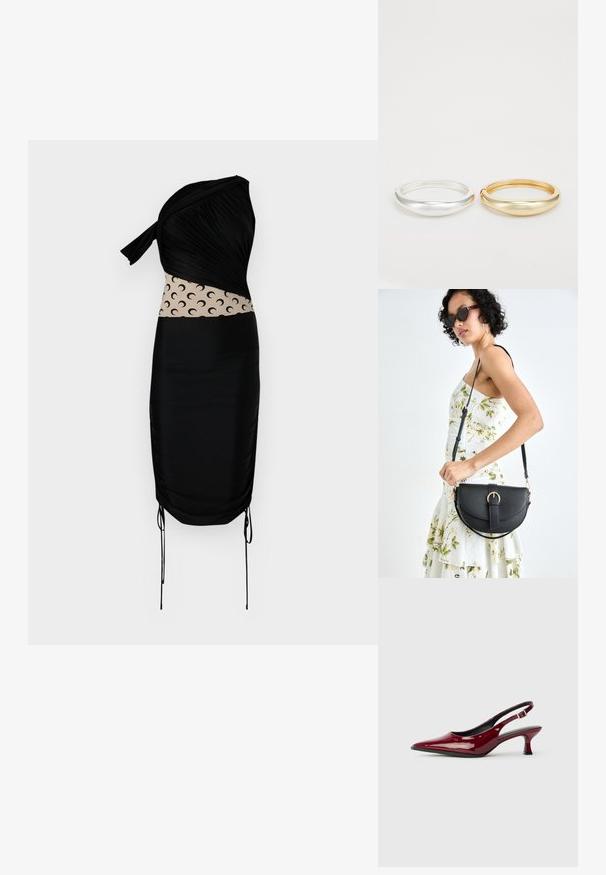 Juodas su vienu petimi suknelė su susiraukšlėjusiu krūtiniu ir raštuota smėlio spalvos vidurine dalimi, su šniūrelių akcentais apatinėje dalyje. Lygi audinio tekstūra.; Burgundiško lakuoto odos slingback kulniukai su smailiu smailiu ir elegantišku stiletto kulnu. Atvira nugaros konstrukcija su reguliuojamu kulkšnies dirželiu.; Juodas odinis krepšys su išlenkta forma, nuimamu dirželiu ir auksiniais detalėmis. Krepšys turi kilpą su sagtimi.; Zign 2 PACK - Apyrankė - gold-coloured/silver-coloured
