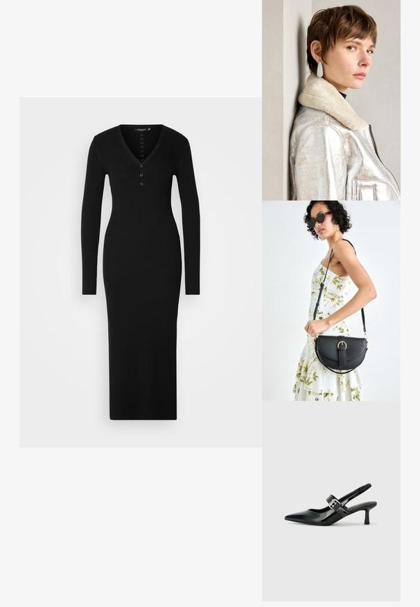 Abito nero a coste con maniche lunghe, scollatura a V e applicazioni a bottoni sul davanti. Silhouette aderente e design fino al pavimento.; Décolleté neri in vernice con punta affilata e tacco a blocco piccolo, dotati di un accentuato con fibbia argentata sulla cinturino.; Borsa a tracolla nera in pelle con una forma curva, manico rimovibile e accessori dorati. La borsa presenta una patta con un dettaglio a fibbia.; Giacca in pelle metallizzata argento con collare in shearling, dotata di chiusura zip e superficie texture. Orecchini a goccia grandi con gemme trasparenti.