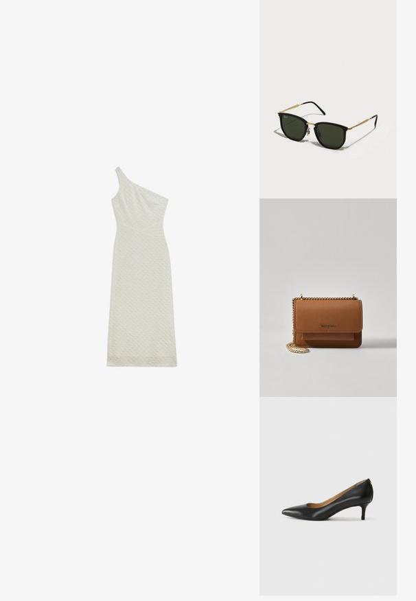 One-shoulder, form-fitting midi dress made of textured cream fabric with a subtle pattern and a diagonally cut hem.; Black leather pump with a pointed toe, low heel, and a smooth texture. Features a slight opening at the front and minimal hardware at the back.; Black cat-eye sunglasses with green lenses, gold metal accents, and slender black arms. Textured frame with a bold, geometric design.; Brown textured leather crossbody bag with gold chain strap and flap closure. Front features logo detail and a pocket under the flap.