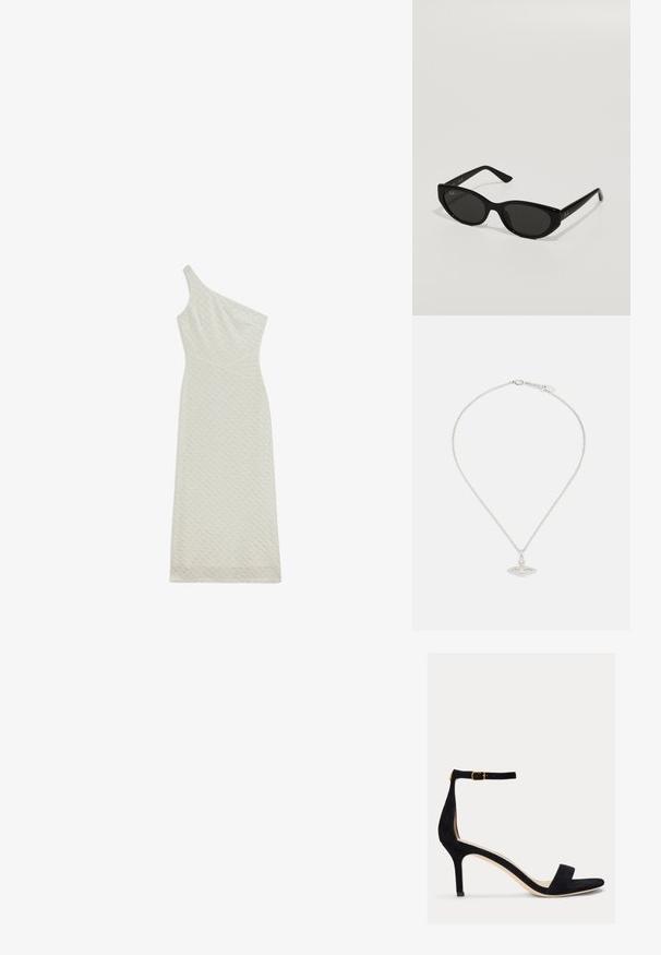 Ein einseitig tragendes, figurbetontes Midikleid aus strukturiertem cremfarbenem Stoff mit einem subtilen Muster und einem schräg geschnittenen Saum.; Lauren Ralph Lauren ALLIE MID HEEL SUEDE SANDAL - Riemensandalette - black; Schwarze Sonnenbrille in schmaler Katzenaugenform. Aus glattem Kunststoff gefertigt, mit dunklen Gläsern und dezenten Logo-Akzenten an den Bügeln.; Silberne Halskette mit einer zarten Kette und einem ovalen Anhänger, der aufwendige Details und einen kleinen Edelsteinakzent aufweist.