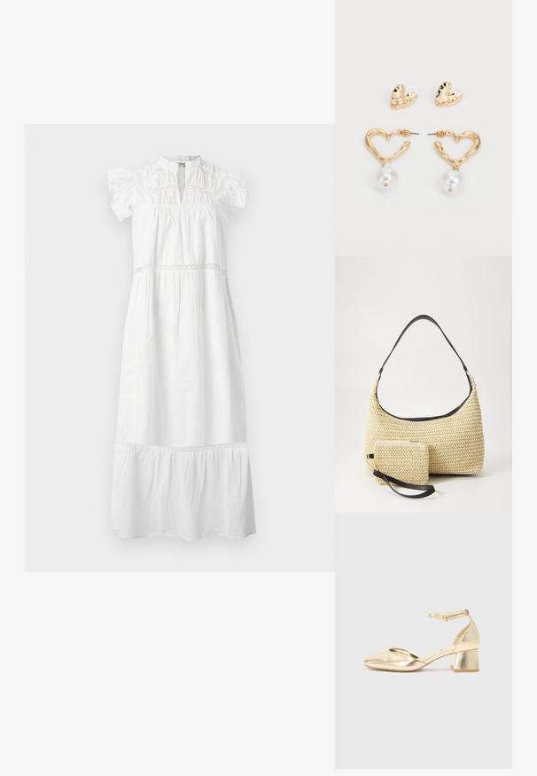 Rochie albă din bumbac, cu mâneci scurte fluture, guler înalt și detalii din dantelă. Rochia are un corset plisat și un tiv în straturi.; Pantofi cu toc metalic aurii, cu vârful rotunjit, bretonă la gleznă și toc bloc mic. Textură netedă cu un finisaj lucios.; Geantă din paie țesută, cu o siluetă curbată, având o curea din piele neagră netedă și un plic mic asortat, atașat printr-un breloc pentru încheietură.; Cercei în formă de inimă, aurii, cu un finisaj texturat, având un accent de perlă suspendat. Include cercei cu mărgărită asortați în formă de inimă.
