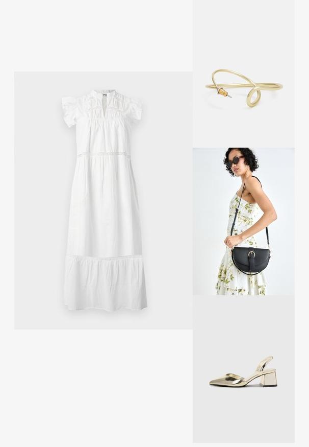 Valkoinen puuvillamekko, jossa on lyhyet röyhelöillä varustetut hihat, korkea kaulus ja pitsikoristelu. Mekossa on rypytetty yläosa ja kerroksellinen helma.; Kultaiset, metalliset slingback-kengät, joissa on teräväkärkiset ja paksut korot. Sileä pinta, minimalistinen muotoilu ja kapea hihna.; Musta nahkainen käsilaukku, joka on kaareva muotoilultaan, irrotettavalla hihnalla ja kultaisilla yksityiskohdilla. Laukussa on läppä, jossa on solk yksityiskohta.; Kultainen metallinen ranneketju, jossa on sulava ja kaareva muotoilu. Yhdessä päässä on pieni, hallitseva hopeanvärinen korostus.