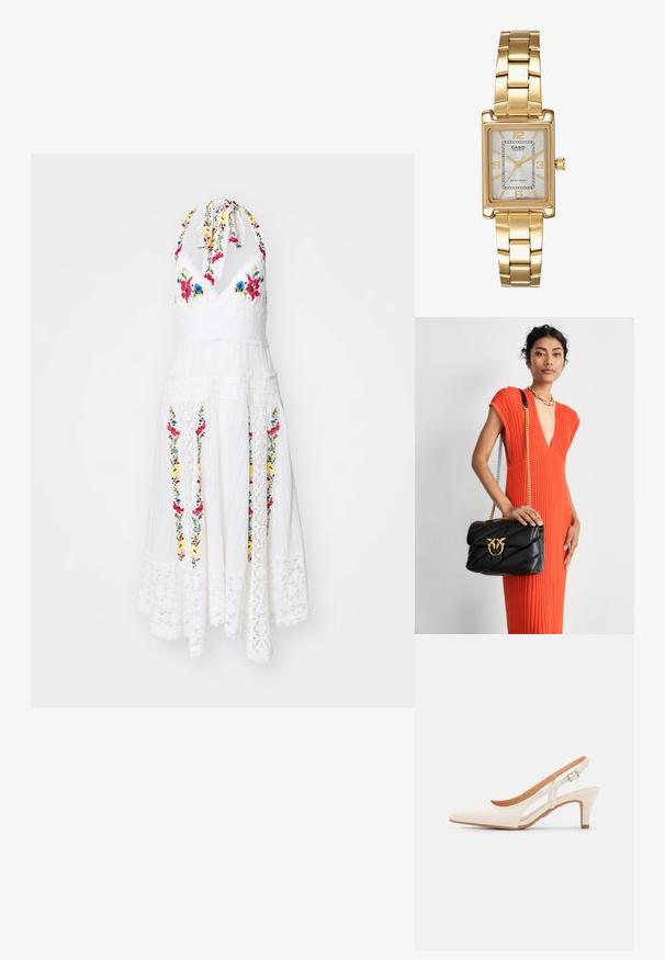 Free People KEILA MIDI - Denní šaty - ivory; Bílé lodičky na podpatku s špicatou špičkou, hladkým svrškem, nízkým blokovým podpatkem a designem s bočním výřezem se stahovací sponou.; Černá kožená kabelka s prošívaným vzorem, zlatými kováními a řetízkovým popruhem. Modelka ji drží u texturovaných oranžových šatů.; Zlatý obdélníkový náramkový hodin s bílým ciferníkem, stříbrnými indexy a odolným kovovým náramkem. Obsahuje voděodolnou funkci.