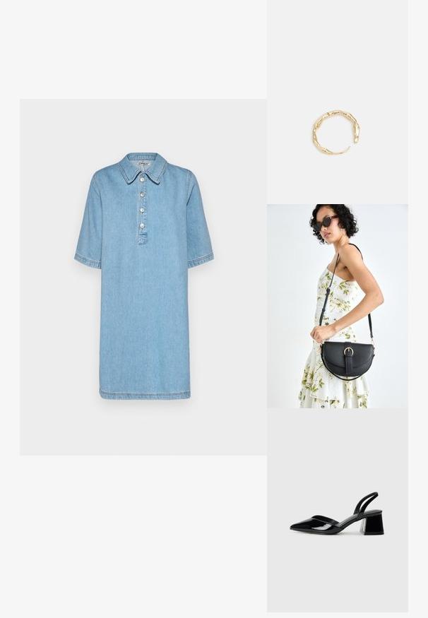 Svijetloplava traper haljina s ovratnikom, kratkim rukavima, placketom s pet dugmadi i detaljima od šivanja. Ima opušteni, ravni kroj.; Crne lakirane kožne sandale s otvorenom petom i špicastim vrhom, s geometrijskom blok petom. Imaju elegantan, minimalistički dizajn i glatku teksturu.; Crna kožna torba s lukovitim oblikom, odvojivim remenom i zlatnim detaljima. Torba ima preklop s kopčom.; Prsten u zlatnoj nijansi s organskim, uvijenim dizajnom, glatkom teksturom i suženim krajevima, koji stvara moderan, skulpturalni izgled.