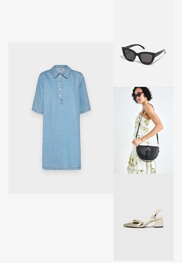 Svetlo modra denim obleka s ovratnikom, kratkimi rokavi, petimi gumbi in okrasnimi šivi. Ima sproščen in raven kroj.; Zlati, kovinski slingback čeveljci z ostrim nosom in masivnim peto. Gladka tekstura, minimalistična zasnova in ozka zanka.; Črne mačke-oko sončna očala z mat zaključkom, ki imajo sive tonirane leče, ostre kote in eleganten stranski del. Ime blagovne znamke je vidno na notranjem ročaju.; Črna usnjena torbica s ukrivljeno obliko, z odstranljivo naramnico in zlatimi dodatki. Torbica ima pokrov s podrobnostmi v obliki zaponke.; Zlate uhane v obliki obroča z gladkim, zaobljenim dizajnom. Imajo majhen zatič za zapiranje, težijo k lahkemu izgleda in imajo polirano površino.