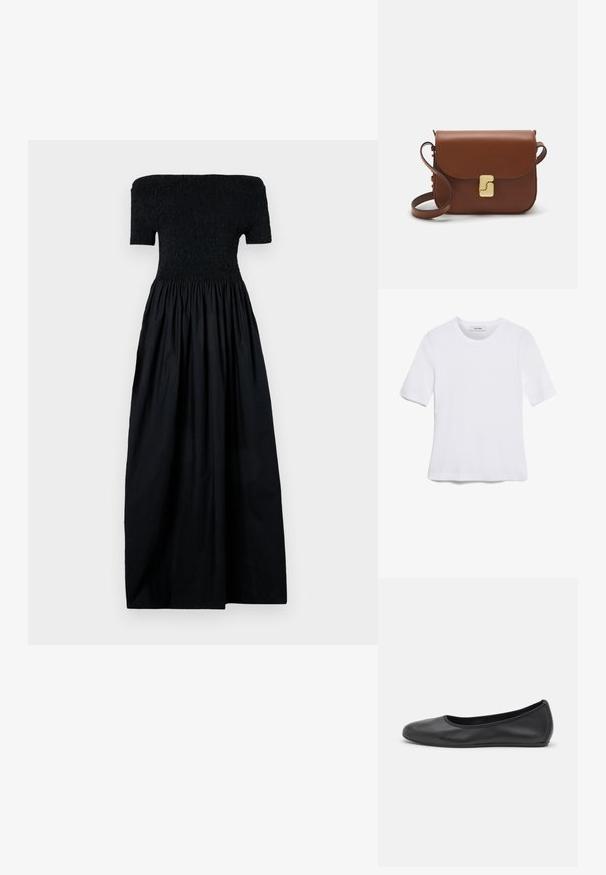 Černé šaty bez ramínek s nařaseným korzetem, krátkými rukávy a volnou, řasenou sukni. Vyrobeny z lehké látky, hladká textura.; Bílá tričko s krátkým rukávem vyrobené z žebrované tkaniny. Kulatý výstřih, normální střih a jemné detaily šití. Bez vzorů nebo grafik.; Černé kožené baletní byty s kulatou špičkou, hladkou texturou, minimálními švy a flexibilním designem podrážky.; Hnědá kožená kabelka s klopou, zlatými kovovými detaily, ramenním popruhem a hladkým povrchem. Kompaktní obdélníkový tvar.
