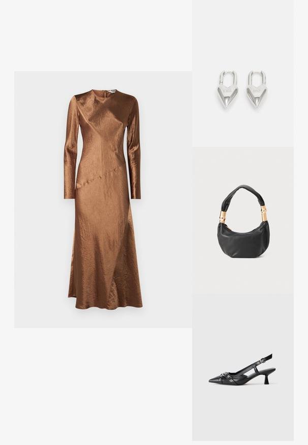 Max Mara Leisure ELOGIO - Abiti per occasioni speciali - cuoio; Scarpa slingback nera in pelle con punta affusolata, cinturini decorativi con occhielli metallici e tacco basso a blocco. Superficie testurizzata.; Borsa a tracolla in pelle nera con una forma rotonda, texture morbida e manico annodato con dettagli in metallo dorato. Chiusura con zip.; Lucchetti a forma di cuore in argento con incisioni "SÌ" e "NO", finitura lucida, design simmetrico e un robusto gancio in metallo.