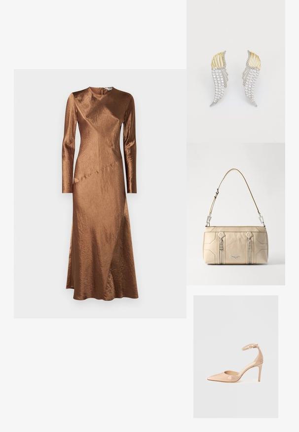 Max Mara Leisure ELOGIO - Proginė apranga - cuoio; Nuogos patentinės odos batai su smailiu kojų galiuku, kulkšnies dirželiu ir smailiu kulnu, pasižymintys lygiu paviršiumi ir minimalistiniu dizainu.; Smėlio spalvos odinė rankinė su sidabriniais aksesuarais, dviem šoninėmis užtrauktukais, struktūruota dizaino forma ir nuimama petneša, suteikianti universalumą.; Du vienodą formą auskarai, pagaminti iš sidabro spalvos metalo su skaidriais, apvalaus pjūvio cirkoniais ir auksinės spalvos metaliniais akcentais sluoksniuotame dizaino sprendime.