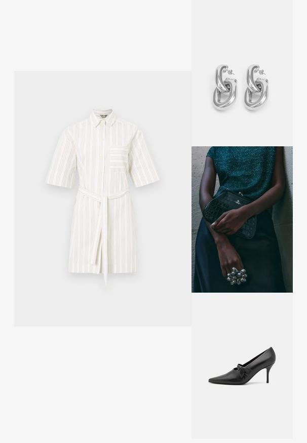 Sukienka koszulowa z krótkim rękawem w białym kolorze z jasnobrązowymi pionowymi paskami. Posiada zapięcie na guziki z przodu, kołnierz oraz związany w talii pas. Zawiera kieszeń na piersi.; GIABORGHINI ARTEMIS czarny; Czarna kopertówka w wzór krokodyla z srebrnymi akcentami, trzymana na szarym, teksturowanym tle. Posiada błyszczącą powierzchnię.; Rabanne XL LINK DOUBLE HOOP EARRING - Kolczyki