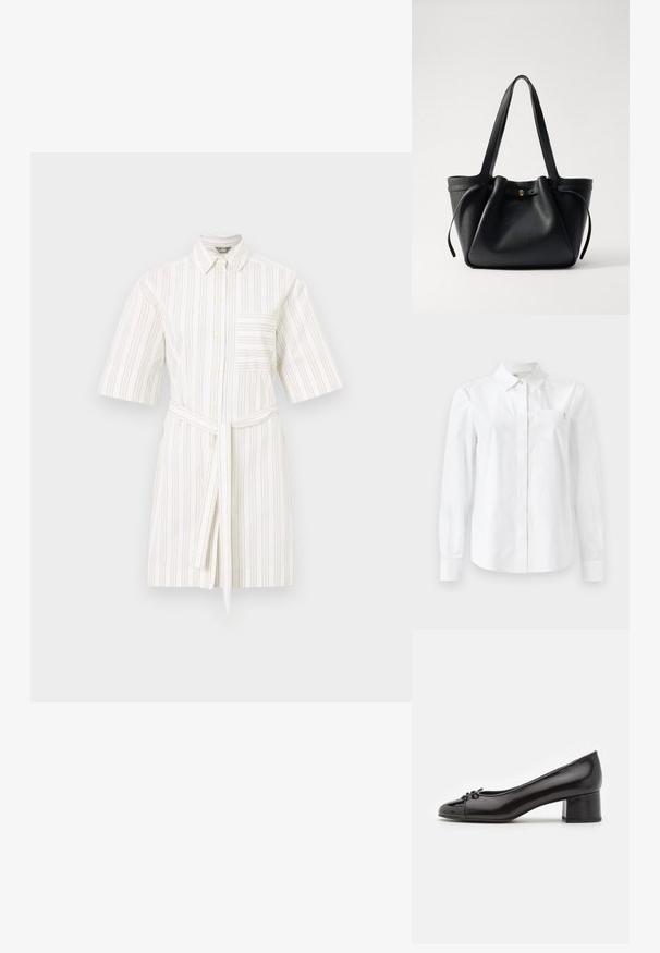 Abito camicia a maniche corte di colore bianco con strisce verticali marrone chiaro. Presenta una chiusura con bottoni sul davanti, colletto e una vita legata. Include una tasca sul petto.; Camicia bianca a maniche lunghe realizzata in cotone liscio, con colletto classico, chiusura frontale con bottoni e taschino sul petto con dettaglio del logo.; Décolleté in vernice nera con punta arrotondata, piccolo fiocco decorativo sul fronte e tacco a blocco basso. Texture liscia su tutta la superficie.; Borsa a spalla in pelle nera con due manici lunghi, parte superiore arricciata e un accento circolare dorato. Texture liscia con un design minimalista.