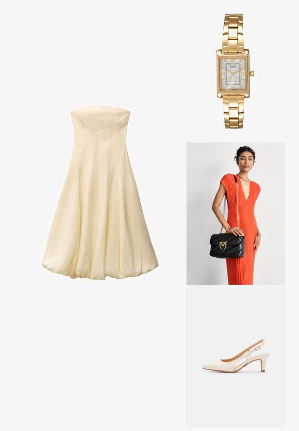 Kremno obleko brez naramnic z ustreznim zgornjim delom in razširjenim krilom. Narejena iz gladkega, lahkotnega materiala, z navpičnimi šivi.; Bela slingback peta z ostrim nosom, gladka zgornja prevleka, nizka blok peta in zasnova z stranskimi izrezi ter nastavljivim trakom z zaponko.; Črna usnjena torbica z quiltanim dizajnom in zlatim okovjem, ki ima okrasno zaponko. Torbica ima verižni trak in jo držimo v roki.; Zlato obarvana pravokotna ročna ura z belo številčnico, srebrnimi kazalci in trdno kovinsko zapestnico. Vključena je vodoodporna funkcija.
