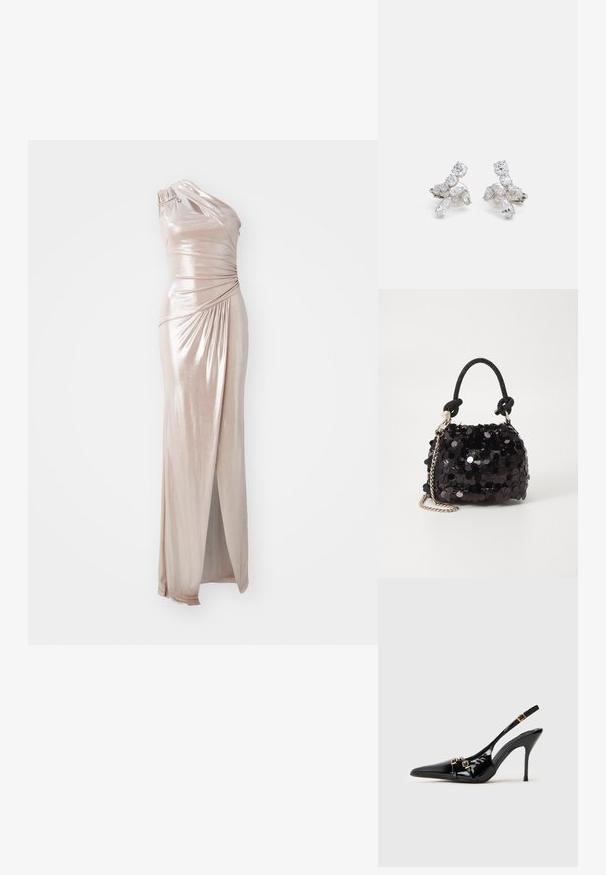 Asimetrična obleka z enim ramenom iz metaliziranega bledo rožnatega blaga, ki vključuje drape, razporek do stegna in eleganten silhuet.; Črne lakirane usnjene pete s slingback dizajnom,尖尖 toe designa, z zlato strojno opremo in elegantno obliko.; Črna mini torbica s palčkami iz bleščic, z vozlanim teksturiranim trakom in srebrnima verigama. Okrogla oblika z nabranim vrhom in odsevnimi detajli.; Uhani v srebrni barvi, okrašeni s prozornimi, bleščečimi kamni različnih oblik, vključno z okroglimi in marquise, razporejeni v cvetlični oblikovni vzorec.