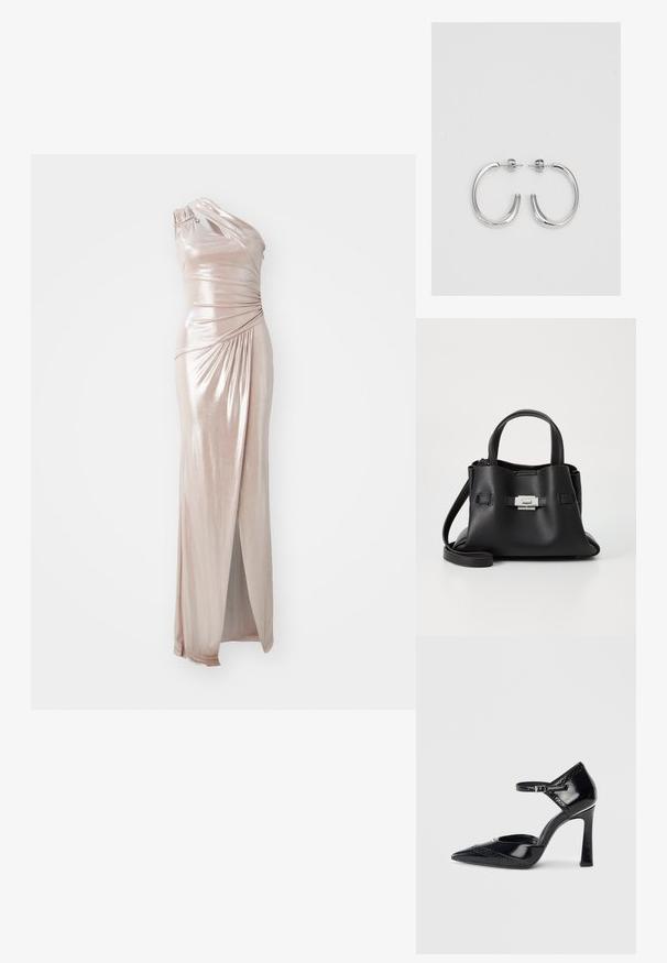 Rochie asimetrică cu un umăr, din țesătură metalizată de culoare blush, cu detalii de drapare, o fante înaltă până la coapsă și o siluetă elegantă.; Pantof cu toc înalt din piele lăcuită neagră, cu vârf ascuțit, curea la gleznă și detalii decorative perforate pe margine.; Geantă de mână din piele neagră cu o finisare texturată, având două mânere superioare, o curea de umăr detașabilă și un detaliu cu închidere din argint.; Cercei rotunzi din argint cu un finisaj neted și strălucitor. Design ușor, având o formă rotundă și închidere cu tijă.