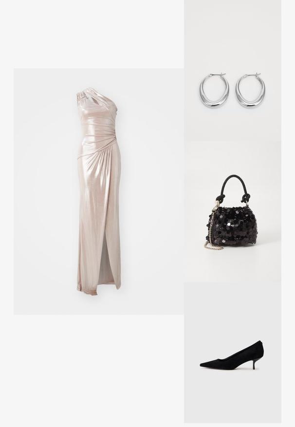 Asymmetrical one-shoulder gown in metallic blush fabric, featuring draping detail, a thigh-high slit, and a sleek silhouette.; Black suede high heel shoe with a pointed toe and a slim, low heel. Smooth texture with a sleek design, featuring no visible hardware.; Black sequin mini handbag with a knotted textured strap and silver chain. Rounded shape with gathered top and reflective detailing.; Pair of polished silver crescent hoop earrings with hinged clasps on a white background.