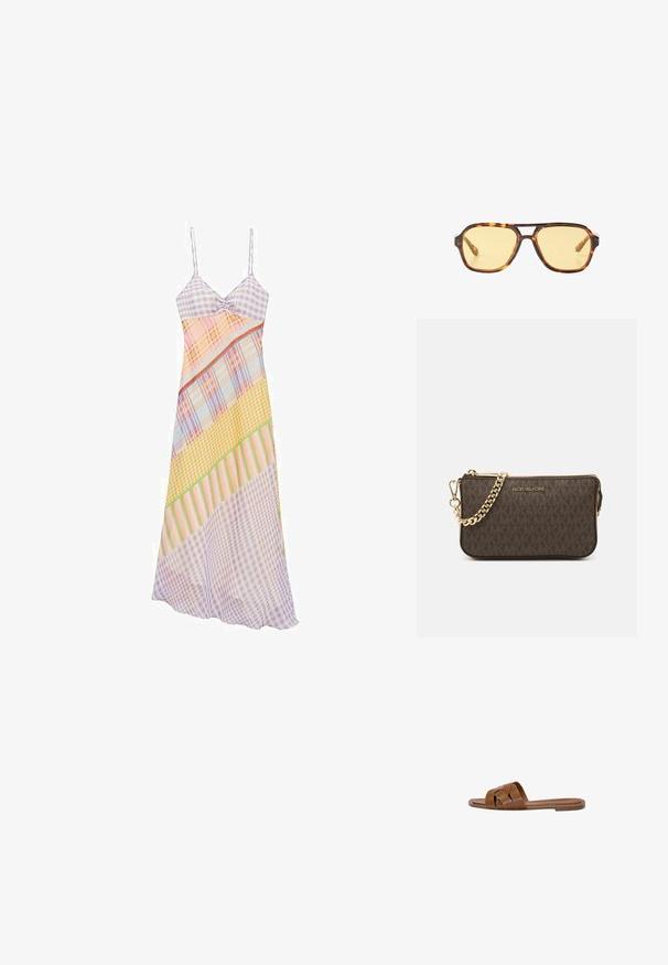 Abito senza maniche, con motivi multipli che presentano design a quadretti e righe in tonalità pastello. Tessuto leggero con una silhouette fluida.; Sandalo in pelle marrone con fasce incrociate, suola piatta e una texture liscia. Design semplice senza decorazioni o motivi.; Occhiali da sole tartarugati con design geometrico, lenti gialle e dettagli in metallo sulle tempie. Montatura ampia e texture opaca.; Borsa a tracolla in pelle marrone con motivo logo, tracolla in catena dorata, chiusura con zip e dettagli in metallo dorato. Forma compatta e rettangolare.