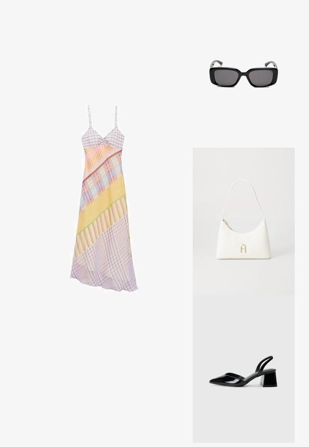 Abito senza maniche, con motivi multipli che presentano design a quadretti e righe in tonalità pastello. Tessuto leggero con una silhouette fluida.; Décolleté in vernice nera con punta affusolata e tacco in geometria cubica. Presentano un design elegante e minimalista, con una texture liscia.; Occhiali da sole neri rettangolari con lenti scure, montatura in plastica liscia e tempie curve. Il design è voluminoso con un'estetica minimalista.; Borsa bianca con una forma curvata e una texture liscia. Presenta un accentuato logo dorato e una chiusura con zip. Tracolla regolabile.