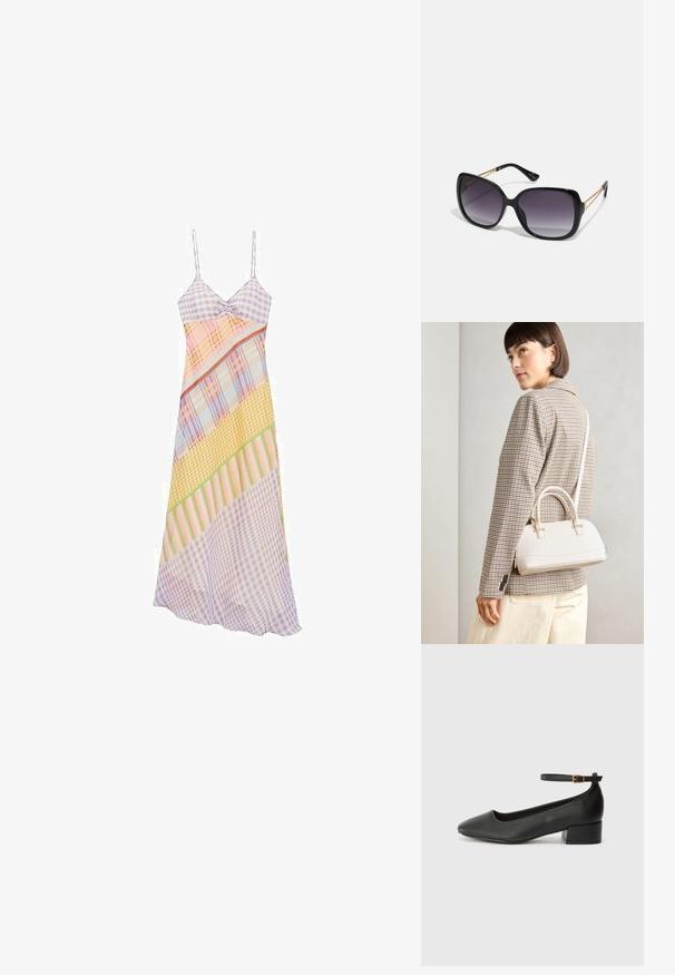 Ärmelloses, mehrfarbig gemustertes Kleid mit Karomuster und Streifen in Pastellfarben. Leichter Stoff mit fließender Silhouette.; Schwarze Lederpumps mit spitzem Zehenbereich und niedrigem Blockabsatz. Mit einem Knöchelriemen und einer goldfarbenen Schnalle. Glatte Textur.; Schwarze übergroße Sonnenbrille mit getönten Gläsern, dicken Rahmen und goldfarbener Kettendetaillierung an den Bügeln.; Weiße strukturierte Handtasche mit kurzen Griffen und einem Schultergurt, ausgestattet mit goldfarbenen Hardware-Elementen und strukturiertem Material, vor einem grauen Hintergrund präsentiert.