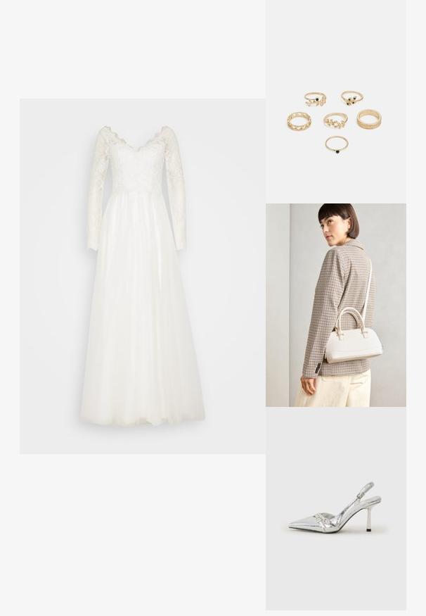 Garā piedurkne balta kāzu kleita ar mežģīņu korpusu, kas izceļas ar viļņu apakšmalu un plūstošu tutū svārku. Tekstūras mežģīņu akcenti visā kleitā.; Sudraba slingback augstpapēžu kurpe ar norādītu purngalu, metālisku apdari, diviem dekoratīviem siksniņām un plānu papēdi ar melnu galu.; Balta strukturēta roku soma ar īsām rokturiem un plecu siksnu, ar zelta aparatūras akcentiem un strukturētu materiālu, izstādīta uz pelēka fona.; Sešu zeltītu gredzenu komplekts ar dažādiem dizainiem: plūstošās pinumu, lapu motīviem un vienkāršām lentām; daži ar zaļiem dārgakmeņu akcentiem.