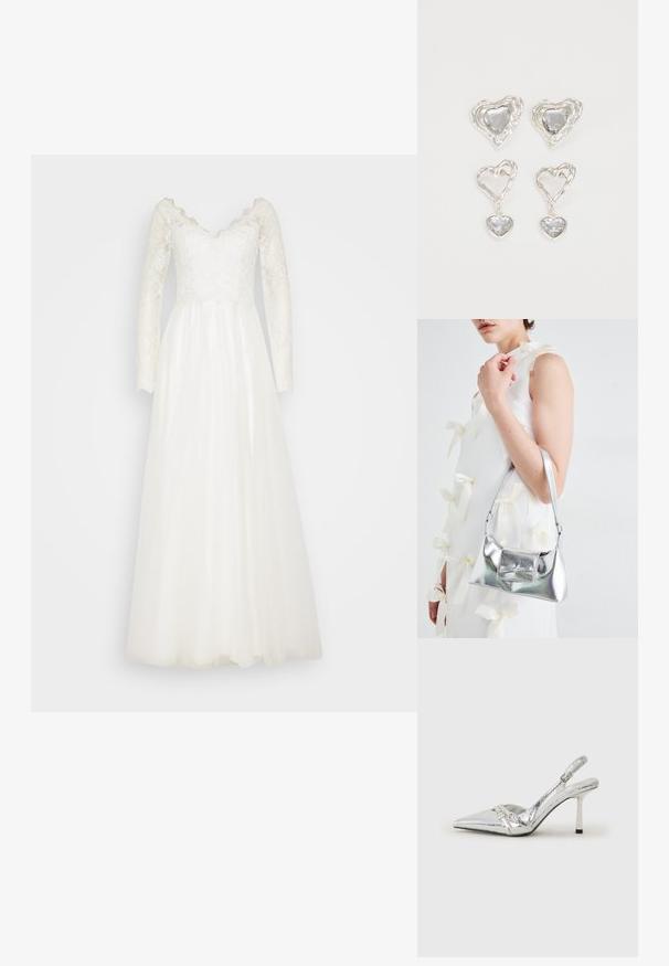 Dlouhé bílé svatební šaty s krajkovým korpusem a výstřihem s vroubkováním, doplněné splývavou tylovou sukní. Po celém povrchu jsou texturované krajkové detaily.; Stříbrná slingback vysoká podpatková bota s špičatou špičkou, metalickým povrchem, dvěma Dekorativními pásky a štíhlým podpatkem s černým hrotem.; Stříbrná kovová kabelka se strukturovaným tvarem, s horním držadlem a detailem v podobě mašle na přední straně. Hladký povrch, reflexní lesk.; Stříbrné náušnice ve tvaru srdce mají fasetované průhledné kameny a texturovaný rám. Sada zahrnuje styl pecek a visacích náušnic.