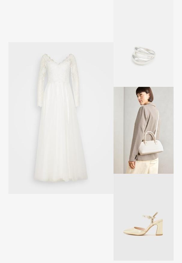 Duga bijela vjenčanica s dugim rukavima koja ima čipkastu korzet sa oštrim izrezom i lepršavom tila suknjom. Teksturalni čipkasti detalji svuda po haljini.; Zlatna metalik štikla s oštrim prstom, remenom oko gležnja s kružnom kopčom i debljim potplatom. Glatka tekstura.; Bijela strukturna torba s kratkim ručkama i remenom za rame, s zlatnim metalnim detaljima i teksturiranim materijalom, prikazana na sivoj pozadini.; Srebrna dvostruka prsten s glatkom, poliranom površinom. Karakterizira ga fluidan, zakrivljen dizajn s preklapajućim sekcijama za moderan izgled.