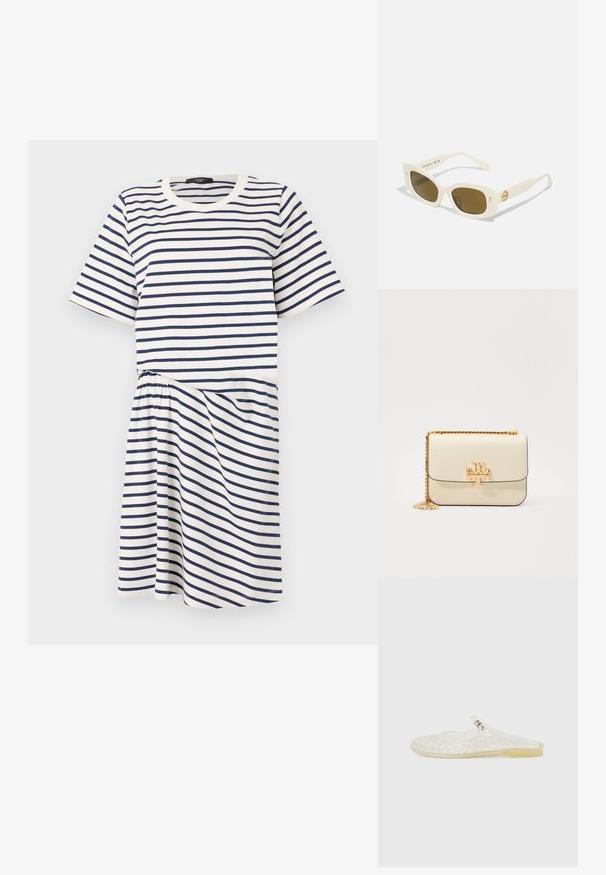 Robe rayée avec un col rond, des manches courtes et une taille élastique. Les couleurs sont blanches avec des rayures horizontales bleu foncé.; Chaussure en plastique transparent à enfiler avec un motif en grille, bout rond et un petit accent argenté sur la sangle. Semelle flexible de couleur translucide.; Lunettes de soleil blanches en plastique avec une monture rectangulaire, des verres bruns et un accent doré sur la branche. Texture lisse et design moderne.; Sac en cuir crème porté croisé avec une bandoulière en chaîne dorée, arborant un accent de logo doré sur le devant et des lignes lisses et épurées.