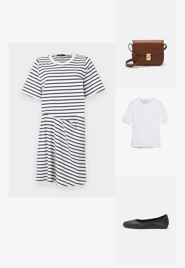 Sukienka w paski z okrągłym dekoltem, krótkimi rękawami i elastyczną talią. Kolory to biały z ciemnoniebieskimi poziomymi paskami.; Biała koszulka krótki rękaw wykonana z materiału prążkowanego. Okrągły dekolt, regularny krój i subtelne detale szwów. Bez wzorów ani grafik.; Czarne skórzane baletki z zaokrąglonym noskiem, gładką fakturą, minimalnymi przeszyciami i elastycznym designem podeszwy.; Brązowa skórzana torebka na ramię z klapką, złotymi detalami, paskiem na ramię i gładką teksturą. Kompaktowy prostokątny kształt.