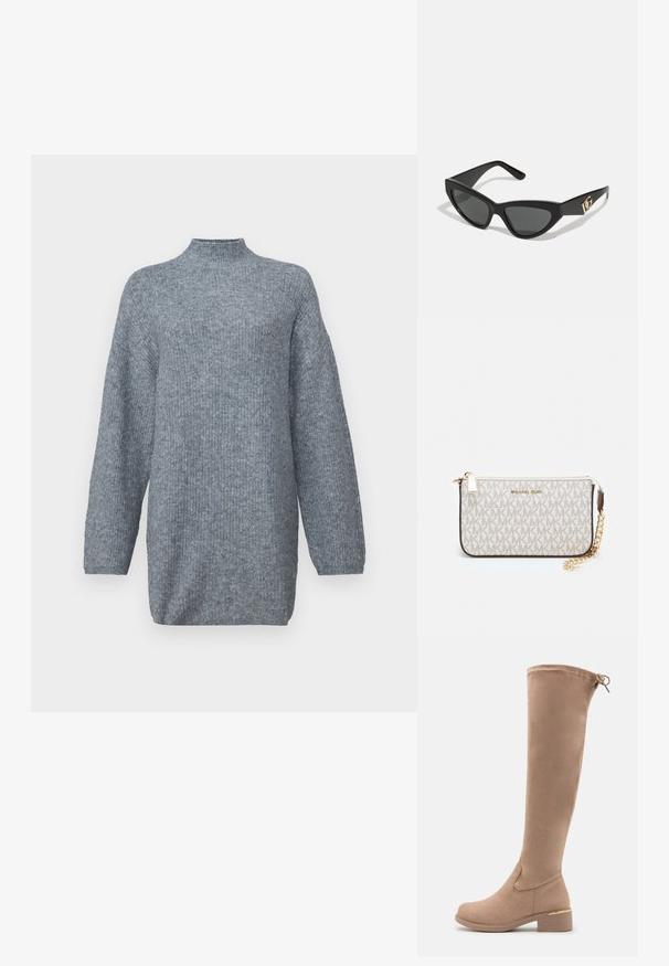 Šedý pletený svetr s vysokým krkem, oversized siluetou a dlouhými rukávy. Tkanina má jemný strukturovaný vzor.; Světlé béžové zamilatoové boty po kolena s kulatou špičkou, blokovým podpatkem a jemným zlatým akcentem na podpatku. Hladký povrch s dobře padnoucím střihem.; Sunglasses ve tvaru kočičích očí s matným černým plastovým rámem, tmavými skly a zlatým logem na stranu. Úhlový design a hladká textura.; Kabelka na zápěstí Michael Kors v béžové potažené plátno s opakujícím se vzorem loga MK, zlatými kovovými doplňky a odnímatelným řetízkovým popruhem.