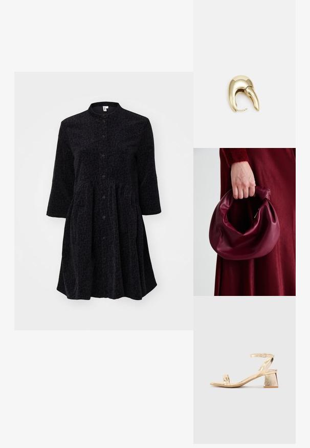 Vestido preto com um padrão de leopardo texturizado, mangas 3/4, frente com botões, design sem colarinho e saia rodada a partir da cintura.; Sandalha metálica dourada com um salto em bloco angular, duas tiras sobre o pé e uma tira ajustável no tornozelo. Textura suave.; Bolsa de couro bordô com um design suave e franzido, e uma forma arredondada. A alça é fixa, apresentando uma textura suave.; Brinco em metal dourado com um design elegante e curvo. Apresenta uma forma pontiaguda distinta, superfície polida e fecho por dobradiça.